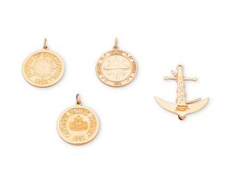 1002 Tiffany & Co: A Group of 14K Gold and Diamond Jewelry Including four 14k gold cruise-themed charms, including three circular medallion charms depicting nautical motifs and one anchor brooch, signed Tiffany & Co. 4 pieces  Measures: 1 x 1 in. 16.3 grams gross Estimate: $1,200 - $1,800