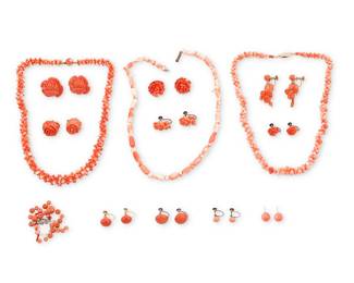 1121 A Group of Coral Jewelry Including three necklaces, ten pairs of earrings and loose coral beads 24 pieces  Necklaces: 16 1/4 and 16 1/2 in., Earrings: 1/4 - 1 in. 195.1 grams gross Estimate: $400 - $600