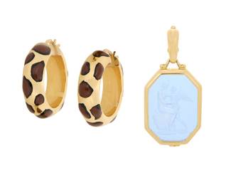 1100 A Group of 14K Gold Jewelry Including a blue glass intaglio pendant together with a pair of gold and enamel leopard hoop earrings, both signed Italy 3 pieces  Pendant: 1 1/2 in., Earrings: 1 in. 12.9 grams gross Estimate: $700 - $900