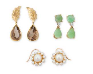 1115 A Group of 14K Gold Earrings Including three pairs featuring jade, smokey quartz and cultured pearls 6 pieces  Measures: 1/2 - 1 1/2 in. 20.6 grams gross Estimate: $700 - $900