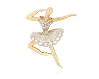 1026 A 14K Bi-Color Gold and Diamond Ballerina Pin Of a ballerina design featuring yellow and white gold accented by single-cut diamonds, signed JHS  Measures: 1 1/2 x 1 1/8 in. 5.0 grams gross Estimate: $1,000 - $1,500