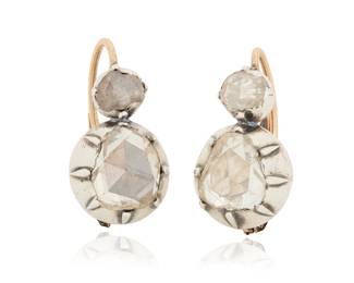 1134 A Pair of Antique Silver Topped-Gold and Diamond Earrings Featuring graduated rose-cut diamonds 2 pieces  Measures: 3/4 x 3/8 in. 4.8 grams gross Estimate: $2,200 - $2,800