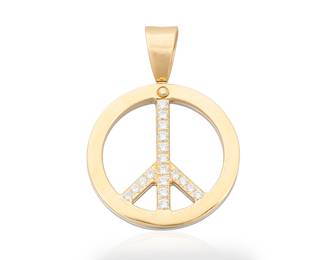 1001 An 18K Gold and Diamond Pendant Of a double-sided peace sign motif featuring thirty-six round diamonds weighing approximately 1.44 carats, with French assay marks  Measures: 1 3/4 x 1 1/4 in. 16.5 grams gross Estimate: $2,500 - $3,500