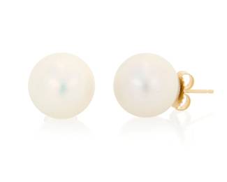 1152 A Pair of 14K Gold and South Sea Cultured Pearl Earrings Featuring two South Sea cultured Pearl measuring approximately 12.82 and 12.50 mm 2 pieces  Measures: 1/2 in. 6.2 grams gross Estimate: $500 - $700