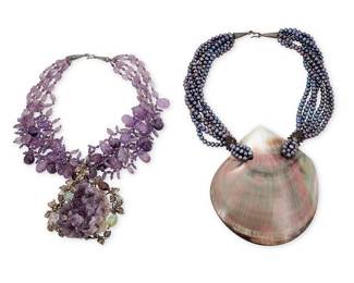 1218 Two Large Statement Pendant Necklaces Comprising a chunky multistrand necklace suspending a large mother-of pearl shell, with sterling cone clasp, as well as a studio art multistrand amethyst bead necklace suspending a chunky amethyst crystal geode fragment held with sterling silver foliate wire and gemstone beads, the pearl clasp marked for maker: j; 2 pieces  Pearls: 20 1/2 x 5 1/2 in.; Amethyst: 19 x 3 1/2 in. 579.9 grams gross Estimate: $200 - $400