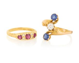 1114 Two Gold, Ruby and Sapphire Rings Including an 18k gold, ruby and diamond ring, together with a 14k gold, sapphire and old mine-cut diamond ring  Sizes: 6 1/2 and 8 3/4 7.20 grams gross Estimate: $1,000 - $1,500