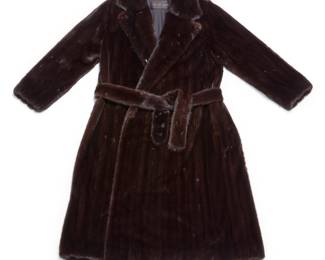 1260 An Edwards Lowell Beverly Hills Fur Coat Mid/late 20th century The long brown mink/sable wrap-front coat with notched collar, shaped self-belt, two front velvet-lined pockets and black georgette-type lining Label: Edwards Lowell / Beverly Hills  Size 8; length: 47 in.; back width at underarms: 22 in.; back width at shoulders: 16 in; sleeves: 24 1/2 in.; belt length: 66 in. approximately Estimate: $200 - $300