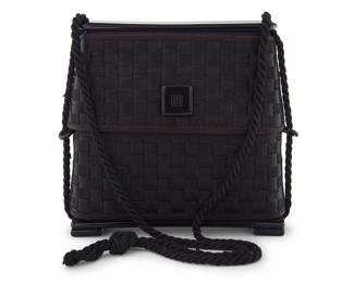 1237 Fendi: A Basketweave Silk Structured Evening Bag Circa 1990s An FF monogram hard-sided 'inro'-style box bag with telescopic slide top cover, black cord strap and black acetate base and loop accents, with FF medallion to top cover No label  6 x 6 3/8 x 2 in., drop: 13 1/2 in. Estimate: $200 - $400