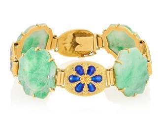 1127 A n 18K Gold, Jade and Enamel Bracelet Featuring carved jade links alternating with fancy gold links featuring blue enamel flower motifs  Length: 7 in. 27.4 grams gross Estimate: $3,000 - $5,000