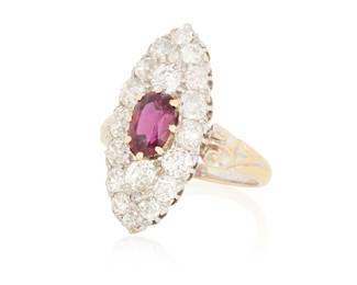 1084 A 14K Bi-Color Gold, Ruby and Diamond Ring Of a navette design centering an oval ruby accented by old mine-cut diamonds weighing approximately 2.00 carats  Size: 8 5.6 gram gross Estimate: $1,500 - $1,800