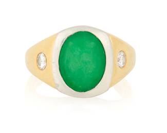 1014 An 18K Gold, Platinum, Jade and Diamond Ring Centering an oval jade cabochon measuring approximately 12.43 x 9.51 x 3.54 mm, accented by two round diamonds, marked RKG1866  Size: 10 1/4 14.9 grams gross Estimate: $1,500 - $2,000