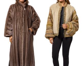 1247 Two Vintage Fur Coats Late 20th century  A long rosewood brown mink/sable oversize fur coat featuring wide dolman sleeves, a front wrap button front with tonal shell buttons and fur hooks, front slash pockets and deep side slits, with pale grey taffeta-style lining and two interior pockets No size label; back width at underarms: 30 in.; sleeves from neckline: 30 in. L; sleeve width at cuff: 7 1/2 in.; length: 49 in.  A Jack Fenster fur cardigan jacket featuring a pale pastel mink body with contrast knitted wool collar, hem, and bishop sleeves, worked in variegated shades of green, gold and brown, with two slash pockets and fully lined in tonal brown sateen lining, with monogram to interior Label: Jack Fenster Furs / Beverly Hills No size label; back width at shoulders: 19 in.; back width at underarms: 22 1/2 in.; sleeves: 29 in.; length: 25 in.  2 pieces Estimate: $300 - $500