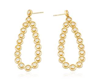 1167 A Pair of 18K Gold and Diamond Earrings Of a drop design featuring thirty-six round diamonds weighing approximately 4.30 carats 2 pieces  Measures: 2 3/4 x 1 1/8 in. 19.1 grams gross Estimate: $3,000 - $5,000