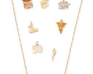 1095 A Group of Gold Charms and Chain Including one 18k gold chain, six 14k gold charms and one 12k gold charm 8 pieces  Chain: 22 in., Charms: 1/2 - 1 1/8 in. 25.0 grams Estimate: $1,500 - $2,000