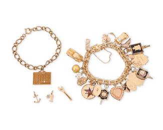 1106 A Group of Gold and Mixed Metal Jewelry Including a gold-filled bracelet with a single calendar charm, a 14k gold bracelet with twenty-one charms of 14k and 10k gold and mixed metal, together with three additional 14k gold charms 5 pieces  Bracelets: 6 3/4 in and 7 1/4 in. 91.0 grams gross Estimate: $2,000 - $3,000