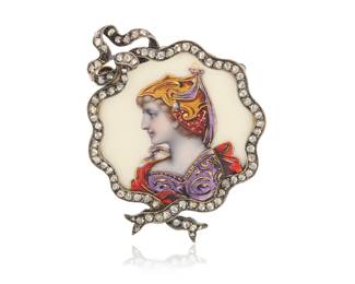1136 An Antique Silver Topped-Gold and Diamond Portrait Brooch Centering an ornate enamel portrait deign encircled by a waving silver-topped 18k gold frame accented by rose-cut diamonds  Measures: 1 3/8 x 1 1/4 in. 10.0 grams gross Estimate: $800 - $1,200