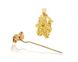 1159 A Gold Nugget-Style Pin and Pendant Including an 18k and 22k gold pin and pendant  Pin: 2 1/2 in., Pendant: 1 1/2 x 3/4 in. 21.9 grams gross Estimate: $1,500 - $2,000