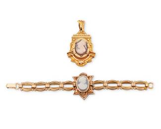 1015 A Group of Gold and Cameo Jewelry Featuring a 9k gold bracelet and 14k gold pendant locket both featuring a carved sardonyx cameo 2 pieces  Bracelet: 6 1/4 in., Pendant: 2 1/4 x 1 1/2 in. 43.9 grams gross Estimate: $1,800 - $2,500