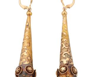 1048 A Pair of Victorian 20K Gold Earrings Featuring a cross and celestial design on hollow gold drops 2 pieces  Measures: 2 x 1/2 in. 6.5 grams gross Estimate: $1,500 - $2,000