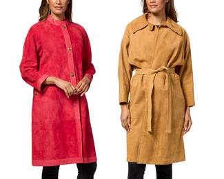 1248 Bonnie Cashin for Sills: Two Vintage Suede Coats Circa 1960s-1970s Each with label: Sills / A Bonnie Cashin Design  A red suede coat with smooth leather trim to all edges, three-quarter sleeves, and with brass turnkey clasp closures to center front and to side pockets No size label; CB length: 41 in.; sleeves (from collar): 27 in.; across back at underarms: 21 in.; across back at shoulders: 13 in.  An oversize tan suede long wrap coat, with drop shoulders, side pockets, top stitching details and self-tie belt, with tonal viscose crepe lining No size label: CB length: 42 in.; sleeves (from collar): 27 in.; across back at underarms: 21 in.; across back at shoulders: 21 in.  2 pieces Estimate: $400 - $600