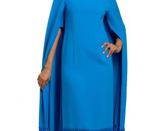 1227 Andrew Gn: A Blue Crepe Cape Sleeve Midi Dress Circa 2023 A sapphire blue calf-length high collar fitted dress with long cape sleeves and bright blue fringing to hem, in acetate/viscose crepe with tonal viscose twill lining, and center back zip Label: Andrew Gn / Paris, France  Size 40 FR / US 8 Measurements: CB length including fringe: 51 in.; bust across front: 18 in.; waist across front: 16 in.; hips across front: 19 in.; sleeve: 51 in., sleeve inner opening from armhole: 5 1/2 in. Estimate: $500 - $700