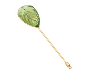 1157 Lalique: A 'Heliconia' Crystal Pin Featuring a green crystal leaf set in a gold tone setting  Measures: 4 1/2 x 1 in. 17.4 grams gross Estimate: $300 - $500