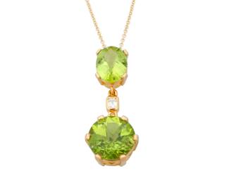 1174 An 18K Gold, Peridot and Diamond Pendant Necklace Featuring an open link chain suspending an oval and round mixed-cut peridot weighing approximately 3.32 and 8.13 carats, accented by an emerald-cut diamond  Chain: 18 in., Pendant: 1 1/4 in. 9.3 grams gross Estimate: $2,500 - $3,500