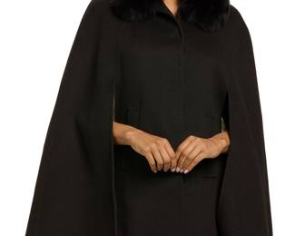 1242 Diomi: A Black Cashmere/Wool Cape with Fur Collar The cashmere mix A-line cape coat with detachable black fox fur collar, front pockets, fitted shoulders, flat-felled seams, and oversized snap fasteners Labeled for Diomi  No size tag Measurements: CB length: 29 1/2 in.; across shoulders at back: 19 in. Estimate: $400 - $600