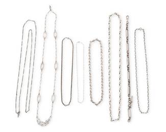 1197 A Group of Sterling Silver Chains Including eight chains featuring fancy links 8 pieces  Lengths: 13 in. - 34 in. 181.8 grams Estimate: $400 - $600