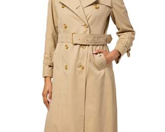1256 Burberry: A Vintage Trench Coat The double-breasted beige poly/cotton gabardine long coat featuring shoulder epaulets, a self-belt and wrist straps each with leather wrapped buckle, with classic Burberry plaid lining, sateen lining to upper back and sleeves, and with second wool Burberry plaid zip-in lining Label: 'Burberrys' / Made in England  Size 8 UK Ex Long; back width at shoulders: 15 in.; back width at underarms: 19 1/2 in.; sleeve from underarms: 17 1/2 in.; length: 46 in. Estimate: $200 - $300