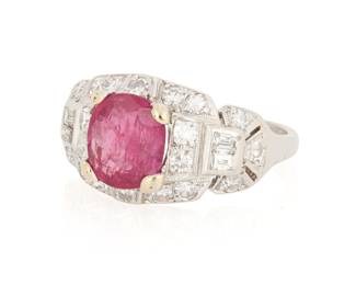 1142 A Platinum, Ruby and Diamond Ring Centering an oval ruby weighing approximately 1.50 carats accented by single-cut and baguette diamonds in a geometric design  Size: 5 3/4 4.3 grams gross Estimate: $2,500 - $3,500