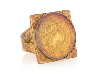 1006 A Gold Coin Ring Featuring a 22k gold 1932 Netherlands 10 Gulden coin, set in an 18k gold mount  Size: 8 17.5 grams gross Estimate: $1,500 - $2,000