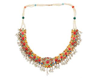 1125 A Mughal Style Gold and Gem-Set Necklace Of a bib design featuring multistrands of seed pearls entering a scalloped 18k gold elements set with colored glass, coral and turquoise  Length: 16 in. 84.6 grams gross Estimate: $2,500 - $3,500