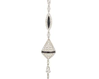 1149 A Platinum, Diamond and Onyx Pendant Suspending an ornate geometric frame set with rose-cut and old mine-cut diamonds, finished with onyx elements  Chain: 16 1/2 in. Pendant: 3 1/2 in. 5.4 grams gross Estimate: $2,000 - $3,000