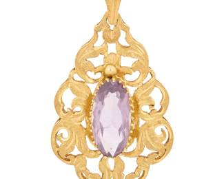 1178 An 18K Gold and Amethyst Pendant Featuring a fancy scrolling etched gold frame centering an oval amethyst  Measures: 2 x 1 in. 8.7 gram gross Estimate: $600 - $800