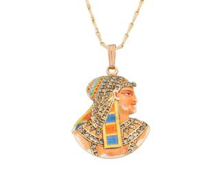 1165 A 14K Gold and Diamond Pendant Necklace Of an Egyptian portrait motif, featuring red, green, blue, yellow and peach painted milk glass, accented by rose-cut diamonds  Chain: 18 in., Pendant: 1 1/4 x 1 in. 12.6 grams gross Estimate: $1,800 - $2,200