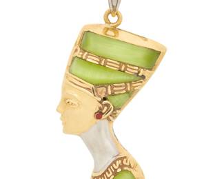 1025 A 14K Gold and Hardstone Nefertiti Pendant Featuring a double-sided portrait of Nefertiti accented by green and blue chatoyant stones  Measures: 1 3/4 x 1/2 in. 5.0 grams gross Estimate: $500 - $700
