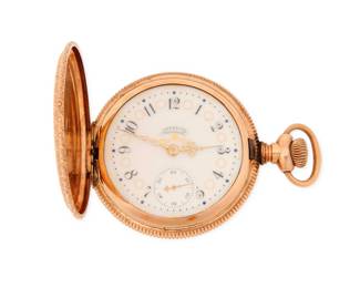 1053 American Waltham: A Gold-Filled Pocket Watch Dial: white with Arabic numerals Case number: 701714, 7385126 Signed: dial and movement  Size: 18s 110.5 grams gross Estimate: $200 - $300