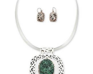 1209 A Sterling, Mother-of-Pearl and Jade Necklace and Earring Set Featuring a pair of grey mother-of-pearl earrings together with a sterling collar necklace suspending a pendant featuring scrolling motifs, moth-of-pearl and carved jade  Earrings: 7/8 in. Collar: 16 in. Pendant: 3 x 2 1/2 in. 93.2 grams gross Estimate: $500 - $700