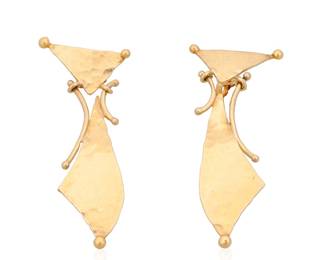 1007 A Pair of 18K Gold Earrings Featuring a modernist hammered design, signed MS 2 pieces  Measures: 2 x 1/2 in. 9.7 grams gross approximately 2" long Estimate: $1,000 - $1,500