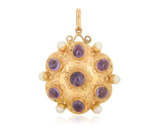 1184 An 18K Gold, Amethyst and Pearl Pendant Featuring a double-sided domed design accented by round and oval amethyst cabochons, finished with six cultured pearl beads  Measures: 1 x 1 1/2 in. 21.2 grams gross Estimate: $1,500 - $2,000