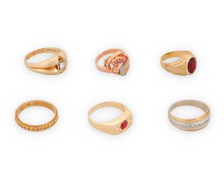 1108 A Group of 14K Gold and Gem-Set Rings Featuring diamonds, rubies and a synthetic ruby 6 pieces  Sizes: 5 1/2 -11 3/4 34.6 grams Estimate: $2,000 - $3,000