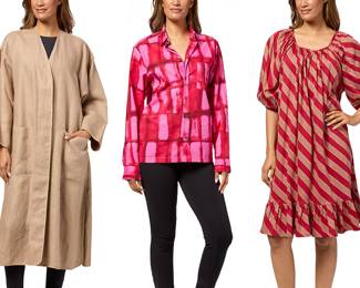 1246 Kenzo Paris: A Group of Vintage Designer Clothing Circa 1980s-1990s Labels: Kenzo / Paris / Made in France  A long natural beige linen oversize kimono-style duster coat with hidden placket button front, patch pockets, and side splits Size Fr. 40, US M, 8-10; back width: 24 in.; sleeves from neckline: 29 in.; length: 48 1/2 in.  A red and beige striped cotton jersey knit dress with gathered scoop neck, 3/4 raglan sleeves with gathered cuffs, in-seam pockets and hem flounce No size tag, free size-style: underarms across front: 26 1/2 in.; sleeves from neckline: 17 in.; 42 in. L from shoulder  A Kenzo Homme red and fuchsia pink tie-dye cotton button up shirt Size 39 / 15 1/2; underarms across front: 21 in.; sleeves: 25 1/2 in.; 28 in. L  3 pieces Estimate: $200 - $300