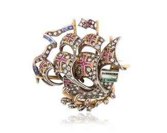 1135 A Silver Topped-Gold, Gem-Set and Diamond Ship Brooch Of an antique crusader ship design set with rose-cut diamonds and channel-set rubies, emerald and sapphires  Measures: 1 1/2 x 1 1/2 in. 17.0 grams gross Estimate: $1,500 - $2,000