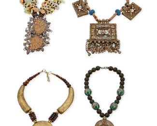 1217 Four Studio Art & Tribal-style Necklaces Comprising a Studio art multistrand bead necklace suspending a large fossilized ammonite pendant held with sterling silver foliate wire (17 1/2 x 4 3/4 in.), and a North African/Central Asian-style necklace with gilt thread wrapped cords suspending three mixed metal prayer boxes with set seed pearls, the largest with bell dangles (20 x 4 1/2 in.), as well as a choker necklace of brown stone beads with gold-toned metal shaped links and a disc pendant (21 x 2 1/2 in.), and a beaded choker necklace with a Central Asian-style round silver-toned metal pendant with filigree overlay, set glass stones, and multiple dangles (18 x 4 1/2 in.), 4 pieces  659.5 grams gross Estimate: $300 - $500
