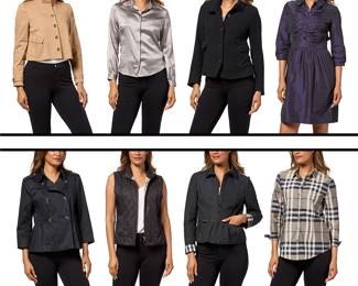 1255 Burberry: A Group of Designer Clothing Circa 1990s and later Comprising four short jackets, including a beige twill cropped swing jacket (size USA 8), a black double-breasted short trench style jacket with pleated peplum (size USA 12), a quilted black fitted cropped jacket with peplum and Burberry plaid lining (size USA 10), and a black wool/cashmere tailored sweater jacket with ruffled hem (size USA 10) as well as a boxy black quilted gilet vest (no size), two blouses, including one in grey stretch silk sateen (size S), and one in Burberry plaid (size USA 10), and a dark blue shot polyester taffeta dress with button ruffled front, gathered waist with self-tie, and elbow length sleeves, lined in navy cupro (size USA 8) Each with label for Burberry London 8 pieces  Dress: CB length: 38 in.; bust across front: 18 1/2 in.; across back at shoulders: 15 in.; waist across front: 16 in.; sleeves: 18.5" L Estimate: $500 - $700