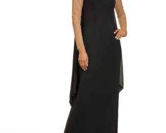 1225 Stéphane Rolland: A Black Silk Illusion Neck Gown with Ruched Train Circa 2010s-2020s, France A black silk crepe long gown with fitted shaped bodice with partial boning and shoulders and sleeves of flesh tone tan tulle, the dress with center back zip, back split to hem, and black silk crepe-back satin lining, and the back featuring a black silk georgette gathered train with tiered draped shirred gathers to back below knees Label: Stephane Rolland / Paris / R16  Size 44 FR / US 10 Measurements: CB length: 59 in. approximately; bust across front: 17 1/2 in.; waist across front: 16 in.; hips across front: 19 in.; sleeves: 24 in.; train: 67 in. approximately Estimate: $400 - $600