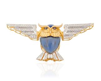 1082 A 14K Bi-Color Gold and Glass Owl Brooch Of an owl design featuring violet colored glass elements accented by round diamonds weighing approximately 1.28 carats  Measures: 3 x 1 1/4 in. 15.4 grams gross Estimate: $400 - $600