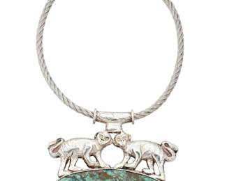 1204 A Silver, Steel and Turquoise Necklace Featuring a twisted steel collar suspending a sterling silver and turquoise cabochon pendant featuring a mirrored monkey motif  Chain: 17 in., Pendant: 4 x 3 3/4 in. 140.7 grams gross Estimate: $400 - $600