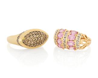 1099 Two 14K Gold, Diamond and Pink Sapphire Rings Including diamond and pink sapphire rings, comprising an oval motif pavé diamond 14k gold ring, the diamonds weighing approximately 0.50 carat total, and a pink sapphire and diamond 14k gold ring, the pink sapphires weighing approximately 0.95 carat total 2 pieces  Size: 7 and 7 1/4 9.7 grams gross Estimate: $800 - $1,200